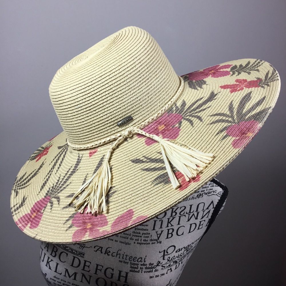 Karen Keith pink hibiscus pattern hat wide brim plaited rim detail 17 1/2” rim - Picture 2 of 8